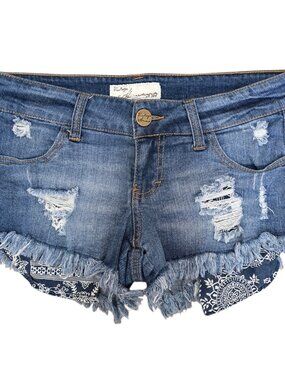 Vintage Havana Blue Denim Short Shorts w. Blue & White Paisley Pockets Size 26